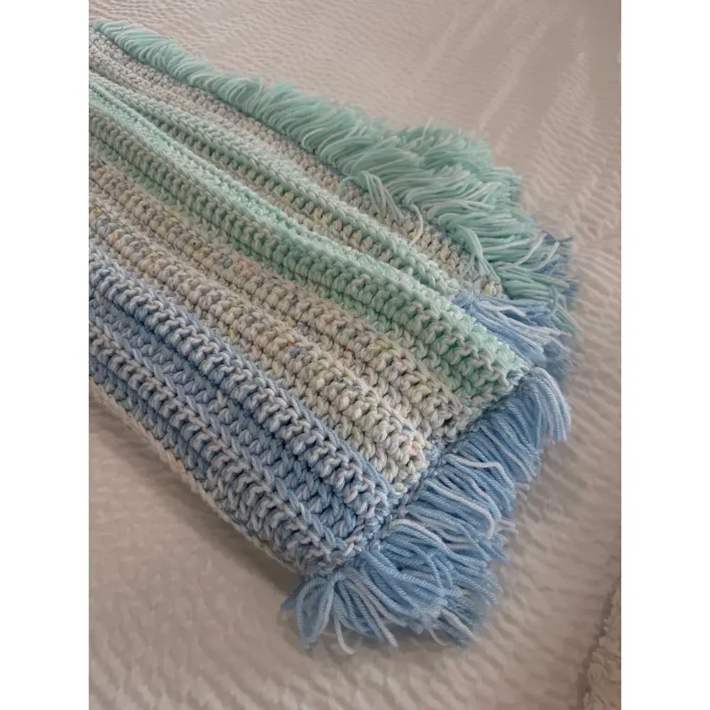 HANDMADE Crochet Afghan Throw Blanket 57x57 Pastel Blue Mint Fringed Cottagecore